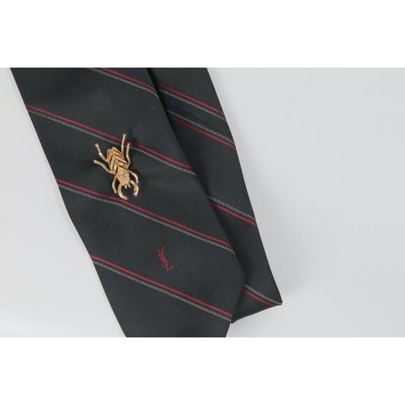 Vintage YSL Yves Saint Laurent Red Striped Silk Tie w/ Gold Brooch Motif - Picture 6 of 10